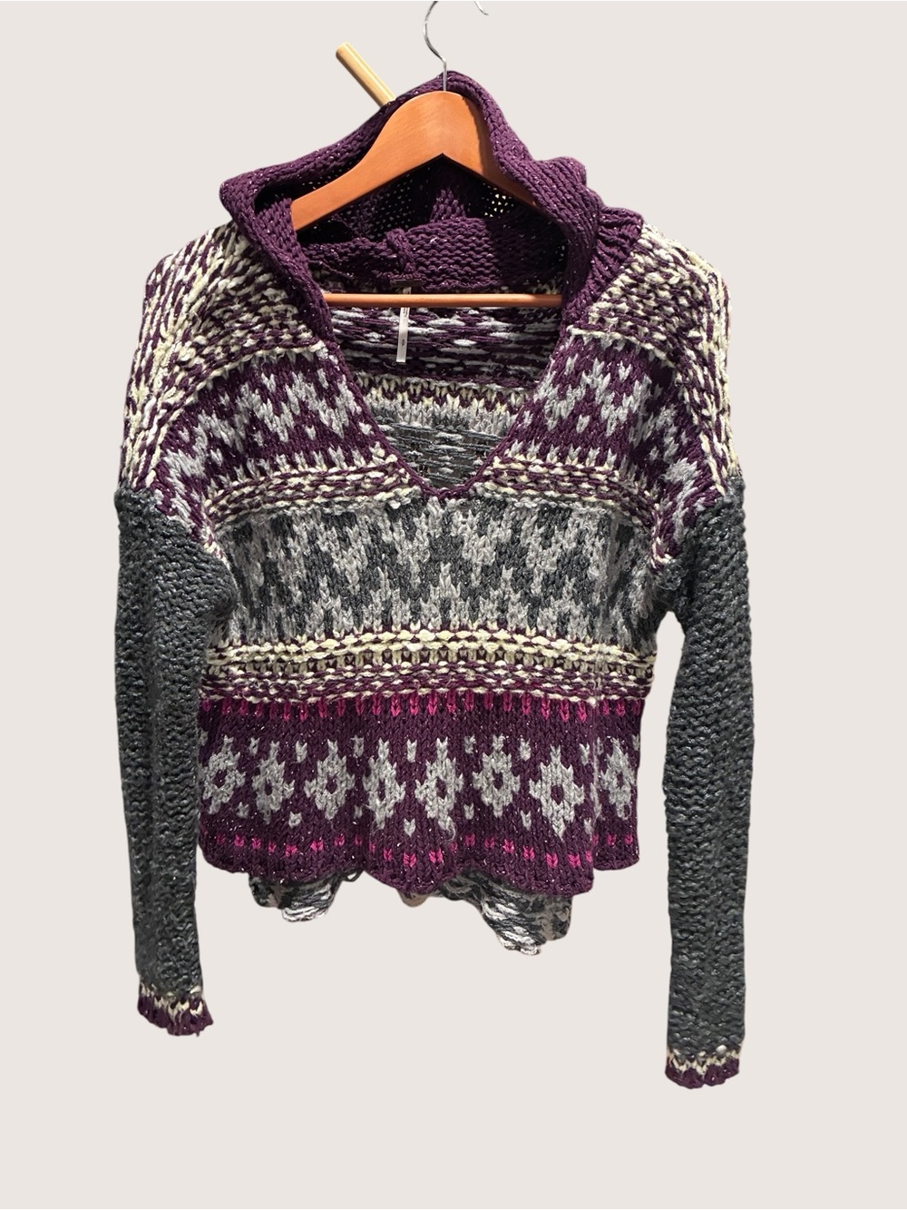 Free People Purple and Gray Patterned V-Neck Hooded Sweater